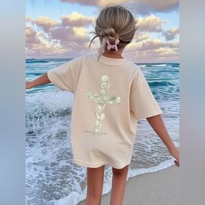 Seashell‎ Cross Tee Psalm 93:4 Cream Beach Graphic Shirt oversized Girls XS